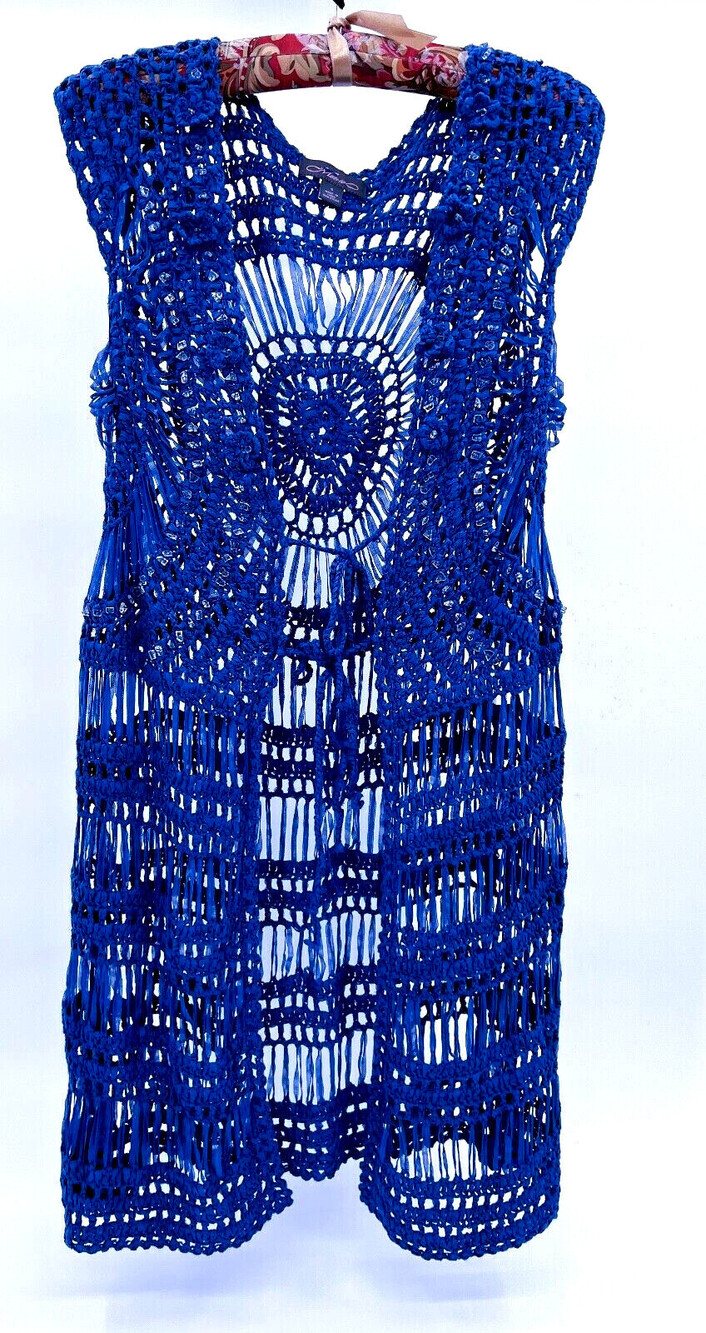 Metric Duster Vest Women Small Blue Sleeveless Sheer Knitted Embroidered